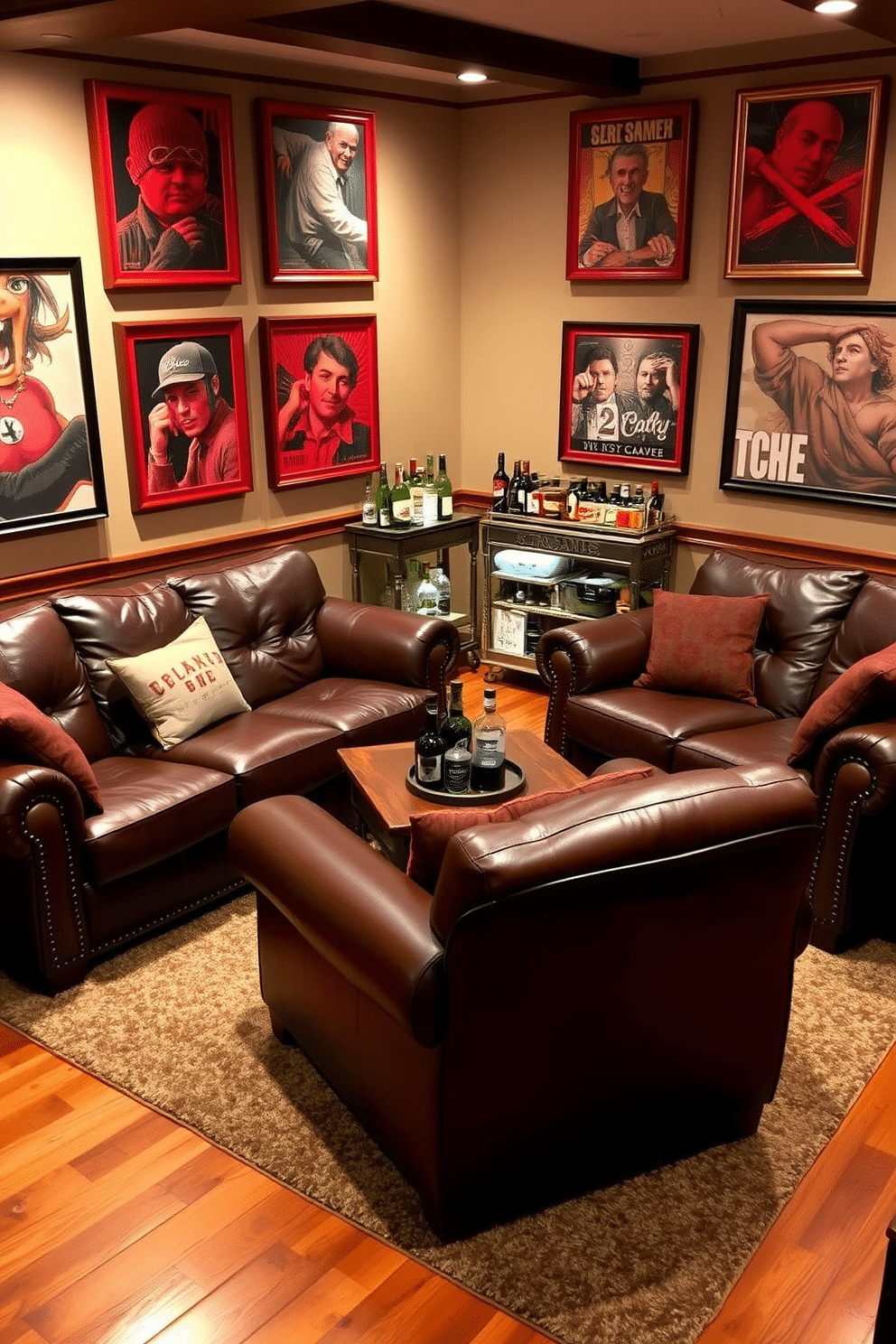 A cozy man cave featuring deep leather seating arranged around a rustic wooden coffee table. The walls are adorned with red framed artwork that adds visual interest, showcasing vibrant colors and dynamic themes. In one corner, a vintage bar cart is stocked with an array of spirits and glassware, illuminated by soft overhead lighting. The flooring is a rich hardwood, complemented by a plush area rug that defines the seating area and enhances the overall warmth of the space.