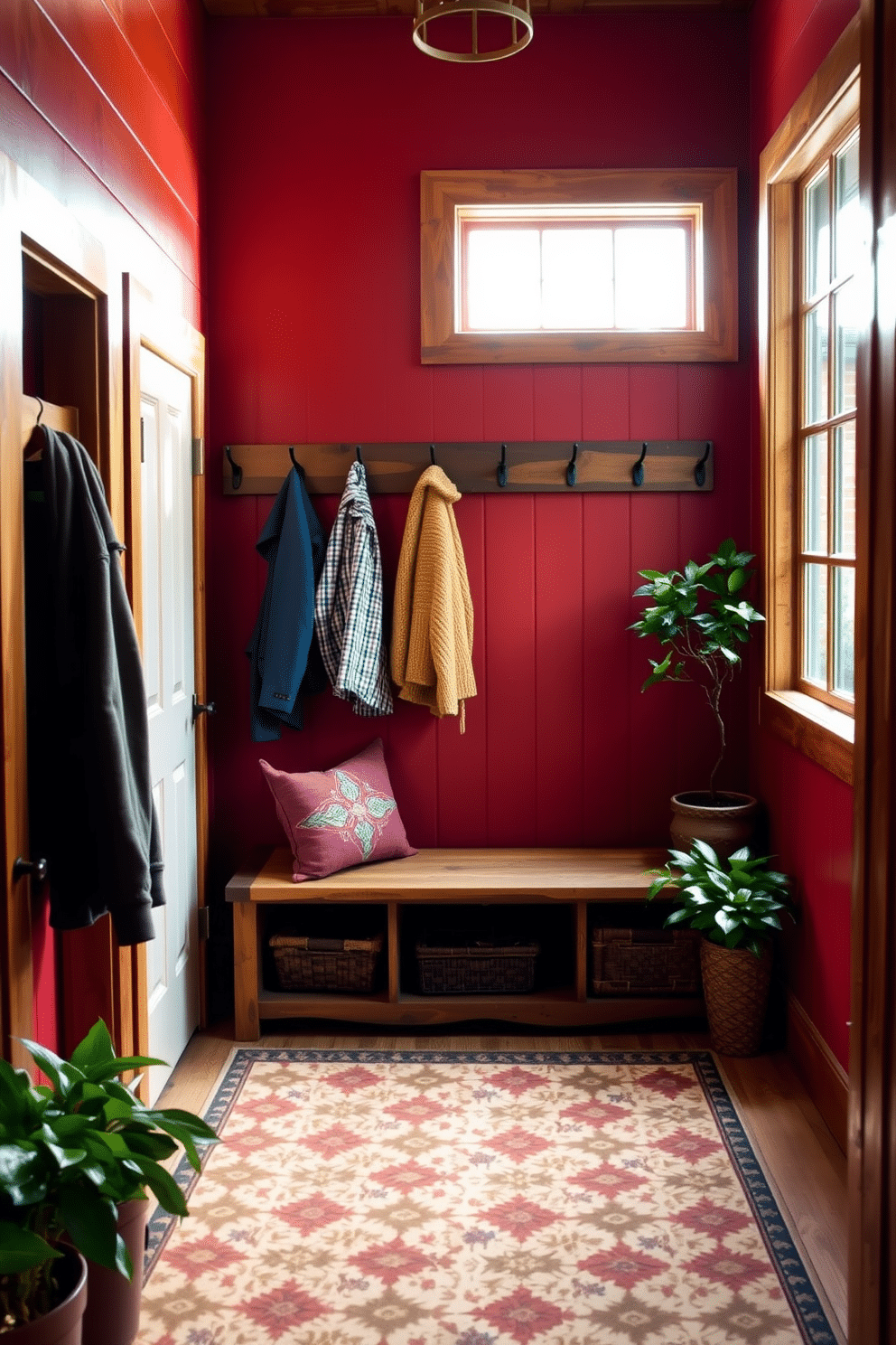 A rustic mudroom featuring barn red walls complemented by wooden accents. The space includes a sturdy wooden bench with storage underneath, and hooks for coats line the wall above. Natural light filters in through a large window, illuminating a patterned area rug that adds warmth to the floor. Potted plants in the corners bring a touch of greenery to the inviting atmosphere.