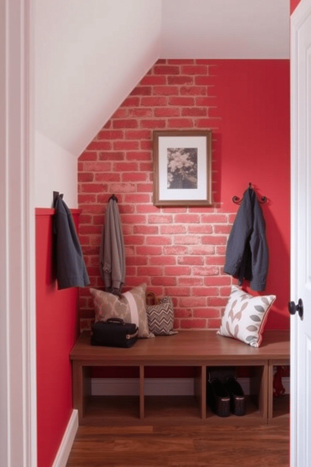 Accent wall with red brick texture. This feature wall creates a warm and inviting atmosphere, complementing the surrounding decor with its rustic charm. Red mudroom design ideas. The space includes built-in storage benches and hooks for coats, accented by vibrant red walls that energize the entryway while maintaining functionality.