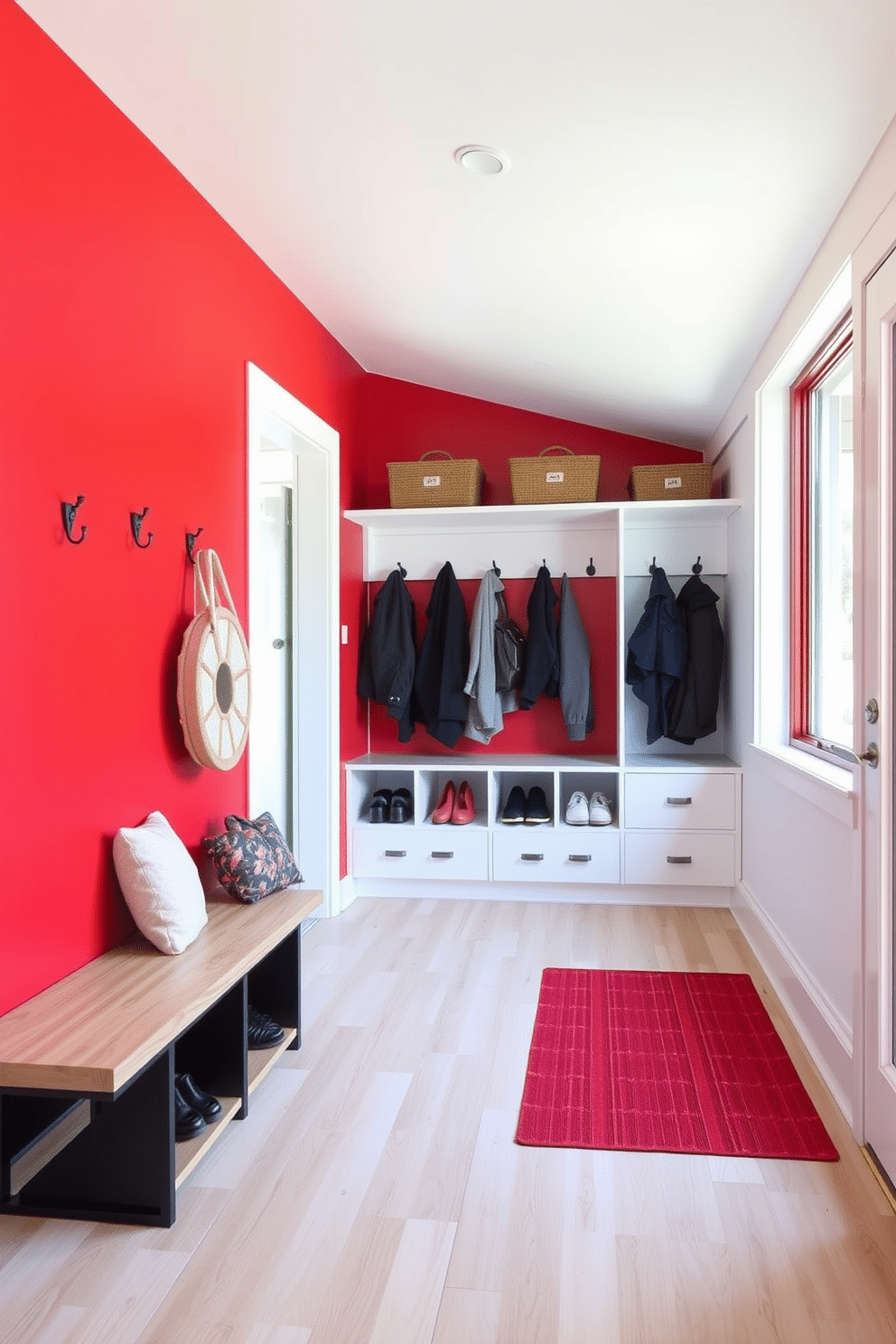 A chic red mudroom features sleek, minimalist lines with a striking red accent wall that enhances the space's vibrancy. The flooring is a light, natural wood that contrasts beautifully with the bold color, while a simple bench provides seating for convenience. Functional storage solutions are integrated seamlessly, including wall-mounted hooks for coats and a series of cubbies for shoes. Large windows allow natural light to flood the room, creating a welcoming atmosphere that balances style and practicality.