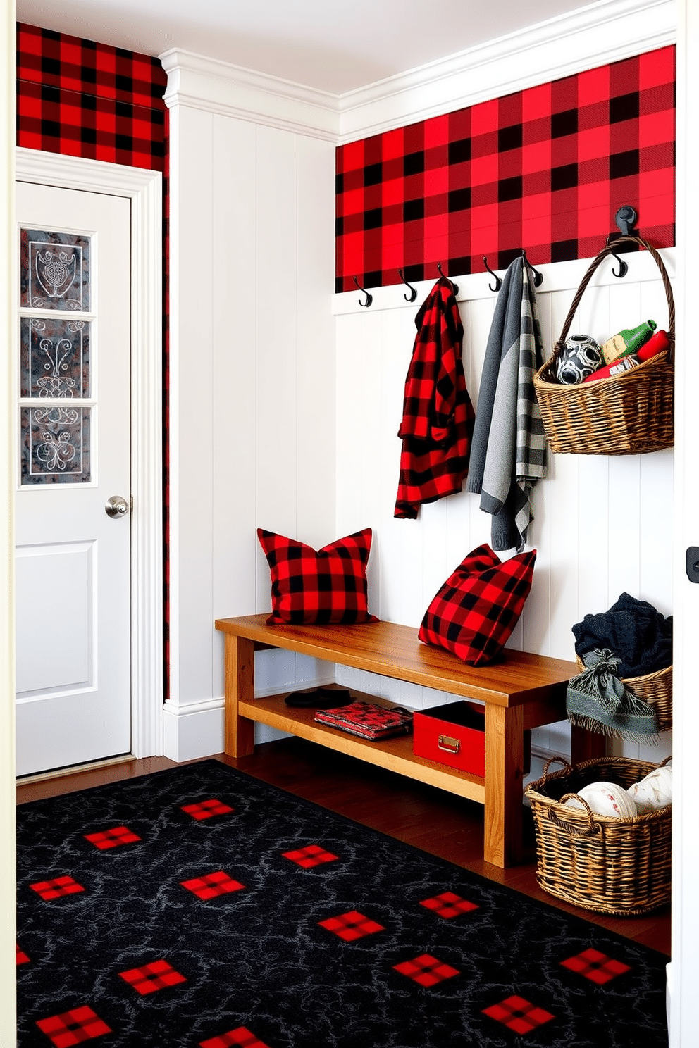 A vibrant mudroom featuring red and black plaid decor elements. The walls are adorned with plaid wallpaper, and a sturdy wooden bench with plaid cushions provides a cozy seating area. On the floor, a durable black and red patterned rug anchors the space, while hooks for coats and bags line the wall above the bench. A decorative basket in the corner holds outdoor gear, adding both functionality and style to the design.