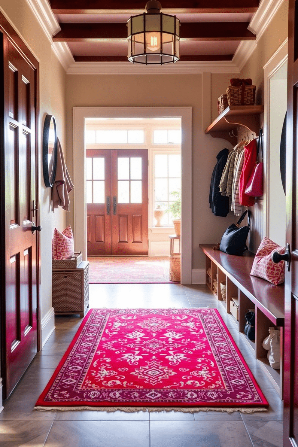 A bright red entryway rug adds warmth and a pop of color to the space, inviting guests into a cozy atmosphere. The rug features intricate patterns that complement the surrounding decor, creating a vibrant focal point in the entryway. For the mudroom design, consider a functional layout with built-in storage benches and hooks for coats and bags. The walls can be painted in a soft, neutral tone, while the flooring is durable and easy to clean, ensuring practicality without sacrificing style.