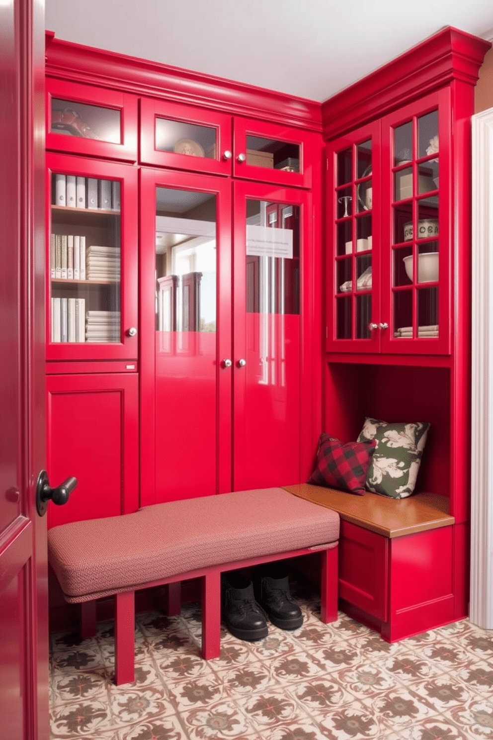 A striking mudroom featuring red cabinetry with glass door fronts that showcase neatly organized storage. The space is accented with a durable, patterned tile floor, and a cozy bench for putting on shoes, adding functionality and style.