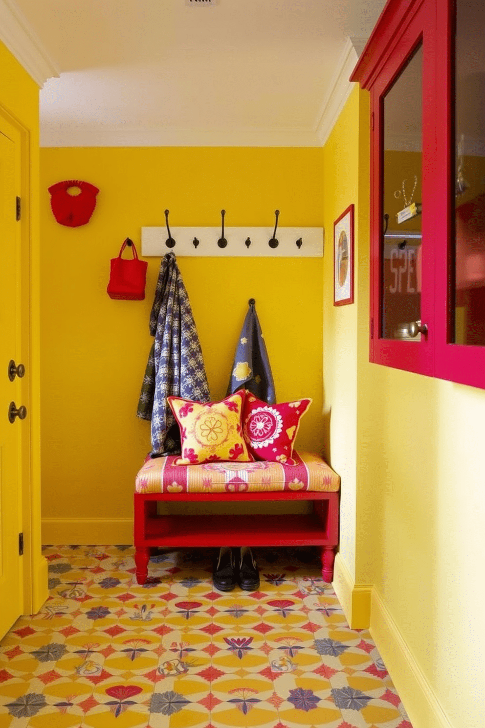 A whimsical mudroom design featuring a vibrant red and yellow color palette. The walls are painted in a cheerful yellow, while the cabinetry showcases a bold red finish, creating a lively and inviting atmosphere. The floor is adorned with playful patterned tiles that complement the color scheme. A cozy bench with colorful cushions sits against the wall, providing a perfect spot to take off shoes, while hooks above hold bright red and yellow accessories.