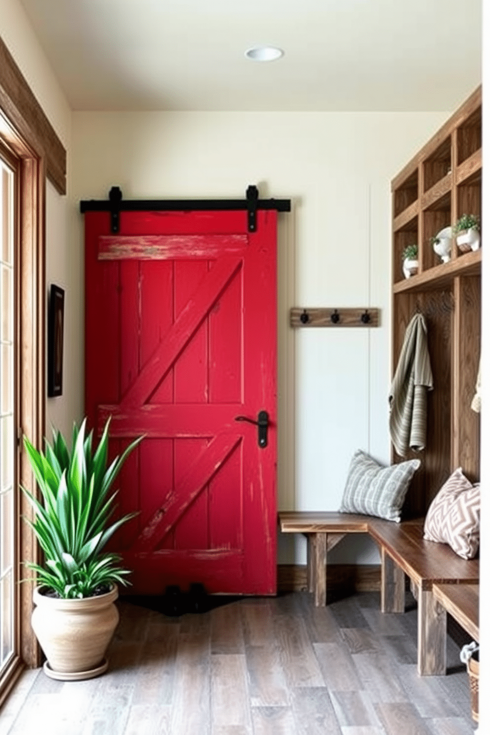 A rustic entryway features a large red barn door with a weathered finish, adding a charming focal point to the space. The door is flanked by potted plants, enhancing the welcoming atmosphere of the home. The mudroom is designed with a combination of reclaimed wood and modern elements, featuring built-in benches and hooks for storage. The walls are painted in a soft cream color, complemented by earthy tones in the decor and accessories.