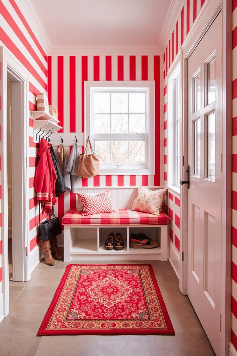 A cozy mudroom featuring red and white striped wallpaper that creates a vibrant and welcoming atmosphere. The space includes a built-in bench with storage underneath, surrounded by hooks for coats and bags, all set against a backdrop of cheerful wallpaper. The floor is covered with durable, weather-resistant tiles in a neutral tone, providing practicality and style. A large window allows natural light to flood the room, highlighting a decorative rug that adds warmth and texture to the space.