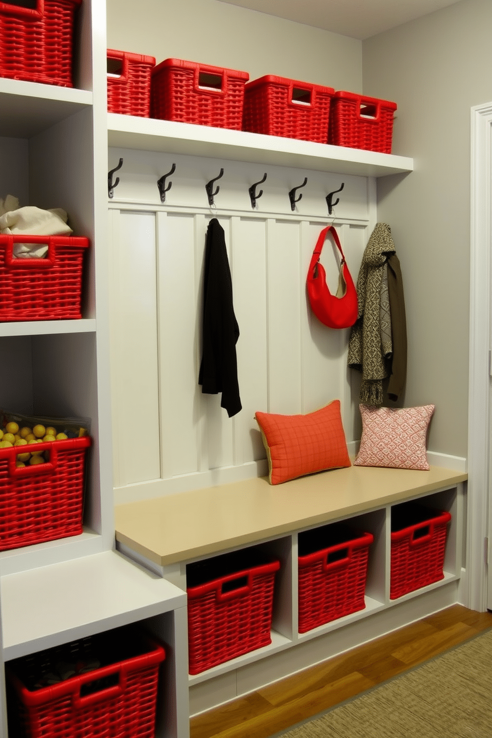 A functional mudroom featuring red storage baskets strategically placed for optimal organization. The space includes a built-in bench with hooks above for hanging coats, and the walls are painted in a soft gray to enhance the vibrant red accents.