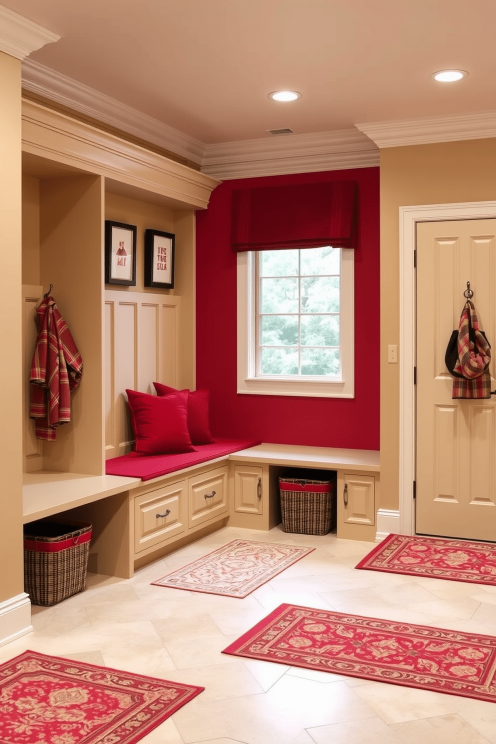 A classic red and beige color combination creates a warm and inviting atmosphere. The walls are painted a soft beige, while bold red accents are incorporated through furniture and decorative elements. In the mudroom, a spacious layout features built-in benches with plush red cushions. Beige cabinetry provides ample storage, and patterned rugs in coordinating colors add a touch of style and comfort.