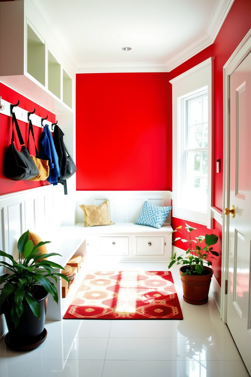 Bright red walls with white trim create a bold and inviting atmosphere in the mudroom. The space features a built-in bench with storage cubbies above, complemented by hooks for hanging coats and bags. Natural light floods in through a large window, illuminating the glossy white tile floor. A vibrant area rug adds warmth and texture, while potted plants bring a touch of greenery to the lively decor.