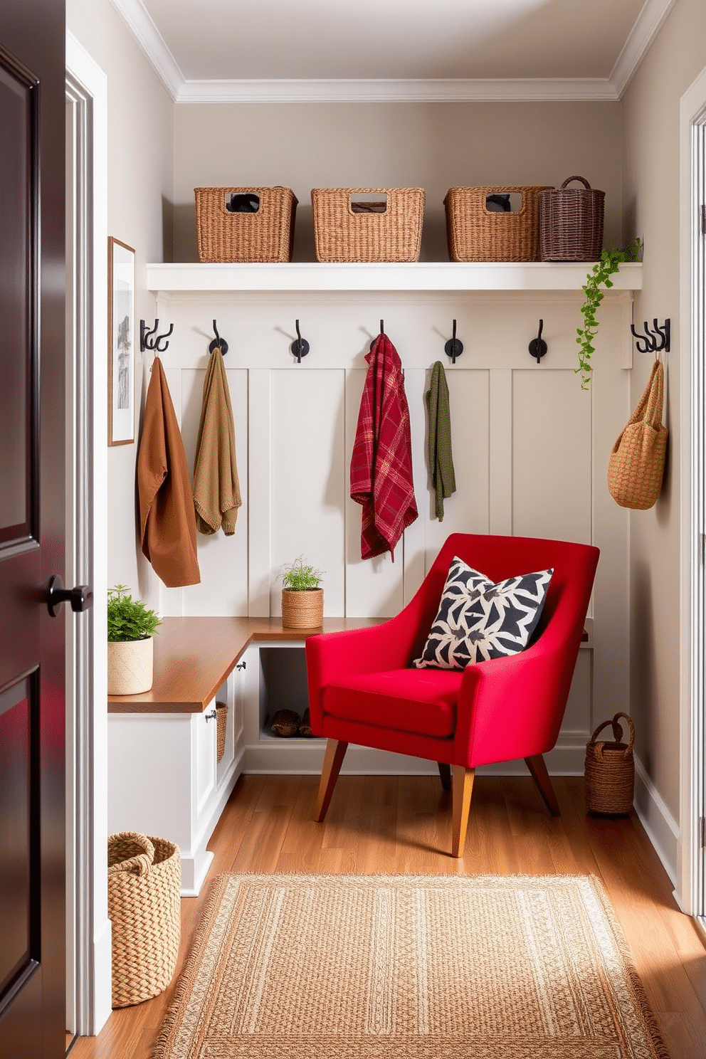 A bold red accent chair is positioned in a cozy corner, contrasting beautifully with the neutral tones of the surrounding decor. The chair features plush upholstery and sleek wooden legs, inviting relaxation while adding a vibrant pop of color to the space. The mudroom design showcases a functional yet stylish layout, with built-in storage benches and hooks for coats. Warm wood tones and earthy colors create a welcoming atmosphere, while decorative elements like potted plants and stylish baskets enhance the overall aesthetic.