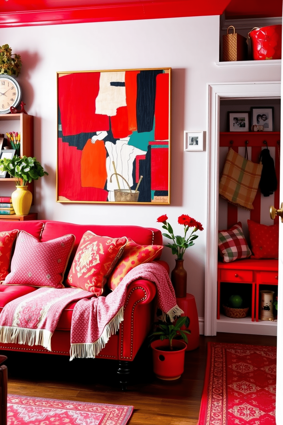 Eclectic red decor fills the space, featuring a vibrant mix of patterns and textures that create a warm and inviting atmosphere. A vintage red sofa is adorned with an array of colorful throw pillows, while an oversized artwork with bold reds and contrasting colors hangs above it. The mudroom showcases a playful design with red accents, including a bright red bench and matching storage cubbies. Personal touches like framed family photos and handmade decorations add character, while patterned rugs and potted plants provide a welcoming vibe.