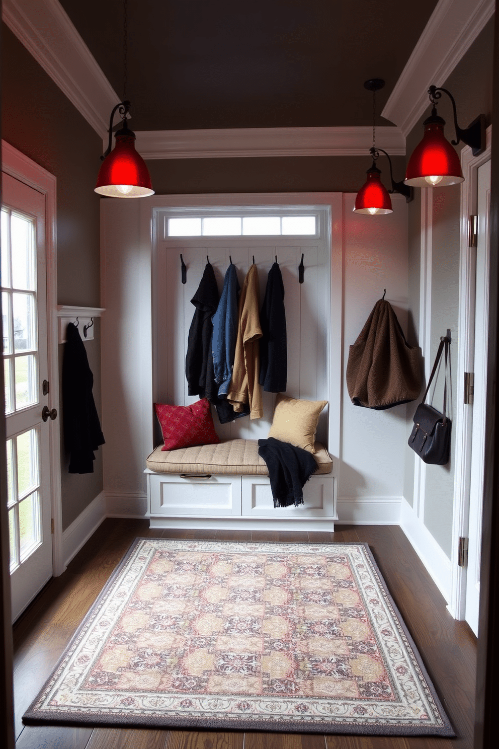 A cozy mudroom featuring warm red lighting fixtures creates an inviting atmosphere. The space includes a built-in bench with plush cushions, surrounded by hooks for coats and a stylish area rug that adds comfort underfoot.