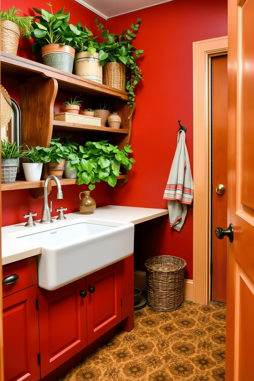 A cozy red mudroom features a large farmhouse sink with a brushed nickel faucet, set against a backdrop of rustic wooden shelves filled with potted plants and decorative storage baskets. The walls are painted in a warm red hue, complemented by a durable, patterned tile floor that adds character and charm to the space.