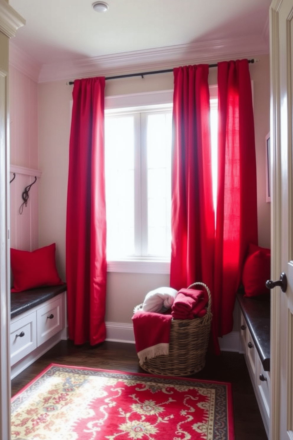 A chic mudroom featuring stylish red curtains that elegantly frame a large window, providing privacy while allowing soft natural light to filter through. The space is designed with built-in storage benches and hooks, complemented by a vibrant patterned rug that adds warmth and character. The mudroom's walls are painted in a soft neutral tone, contrasting beautifully with the rich red of the curtains. A decorative basket sits on the floor, filled with cozy blankets, enhancing the inviting atmosphere of this functional yet stylish entryway.