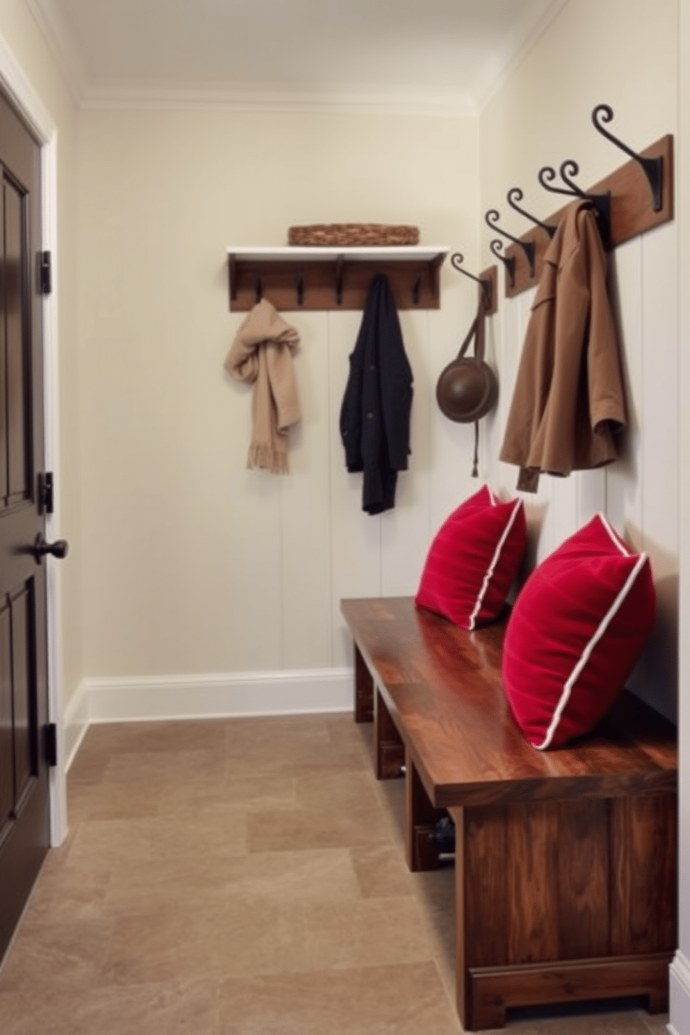 A stylish mudroom features a long wooden bench with red accent pillows adding a pop of color. The walls are adorned with hooks for coats, and the floor is covered in durable, easy-to-clean tiles in a neutral tone.