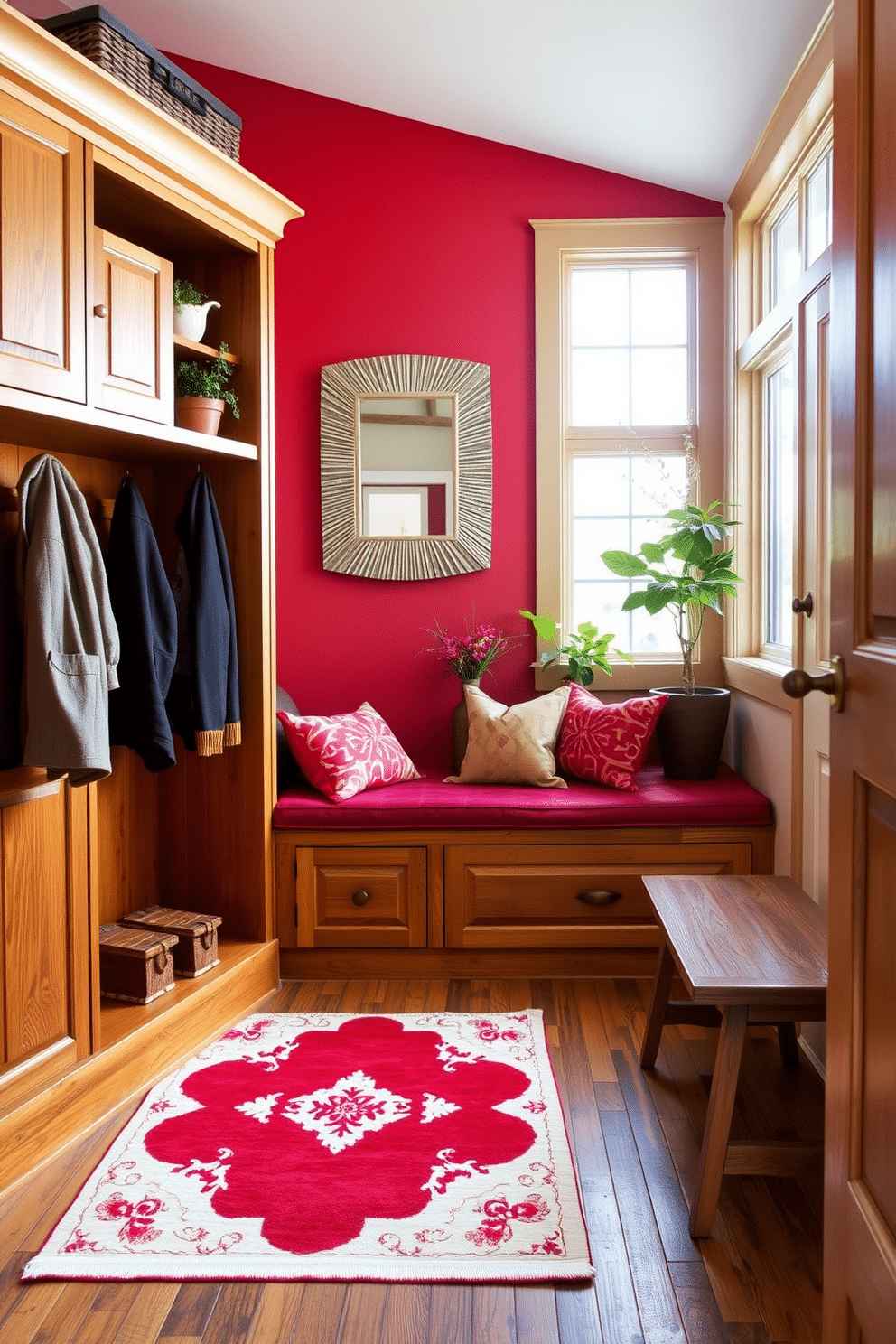 A welcoming mudroom featuring a rich red accent wall paired with warm wooden cabinetry. The space includes a built-in bench with plush cushions and hooks for coats, creating an inviting area for storage and organization. The floor is adorned with rustic wooden planks, complemented by a vibrant red and cream area rug. Natural light floods in through a large window, illuminating decorative elements like potted plants and a stylish mirror above the bench.