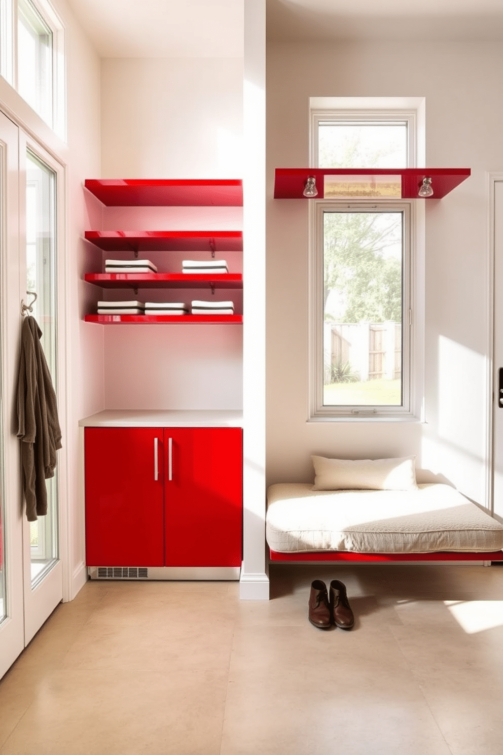 A modern mudroom design featuring contemporary red and glass shelving units. The space is bright and airy, with natural light streaming in through a large window, illuminating the sleek lines of the red shelving. The flooring is a durable, light-colored tile that complements the bold red accents. A cozy bench with plush cushions sits beneath the shelving, providing a comfortable spot to take off shoes and store outdoor gear.