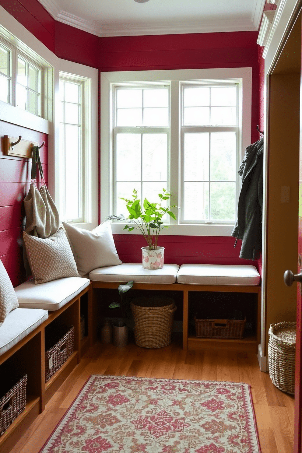 A cozy mudroom featuring red shiplap walls that create a warm and inviting atmosphere. The space includes built-in benches with plush cushions, and hooks for hanging coats and bags, accented by natural wood elements. The floor is adorned with a patterned rug that adds a touch of personality, while large windows allow natural light to flood the room. Potted plants and decorative baskets provide functional storage and enhance the overall aesthetic.