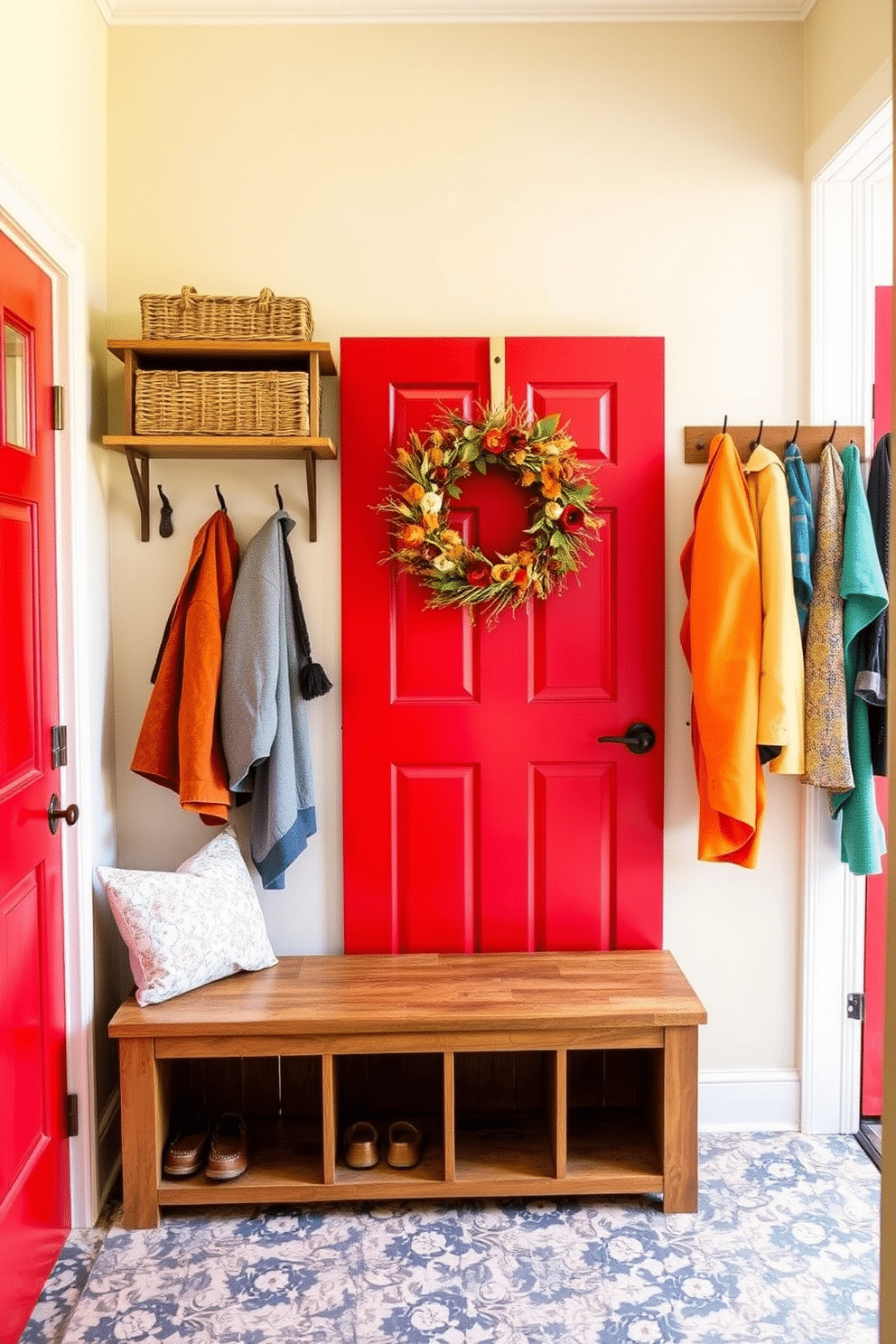 A vibrant red door stands as the focal point of the mudroom, adorned with a beautifully crafted decorative wreath that adds a touch of seasonal charm. The walls are painted in a soft cream hue, contrasting elegantly with the bold door, while a rustic bench with storage cubbies provides functional seating and organization. The floor is covered in durable, patterned tiles that can withstand muddy shoes, creating a welcoming yet practical space. Shelves above the bench are filled with woven baskets and hooks line the wall, showcasing an array of colorful coats and accessories for easy access.