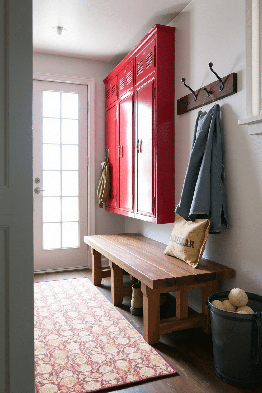 A vintage red locker stands prominently against the wall, offering a bold storage solution that combines functionality with a nostalgic touch. The lockers are complemented by a rustic bench made of reclaimed wood, perfect for putting on shoes and adding warmth to the space. In the mudroom, a patterned area rug in earthy tones anchors the design, while hooks above the bench provide a place for coats and bags. Natural light streams in through a nearby window, illuminating the space and highlighting the vintage charm of the red lockers.