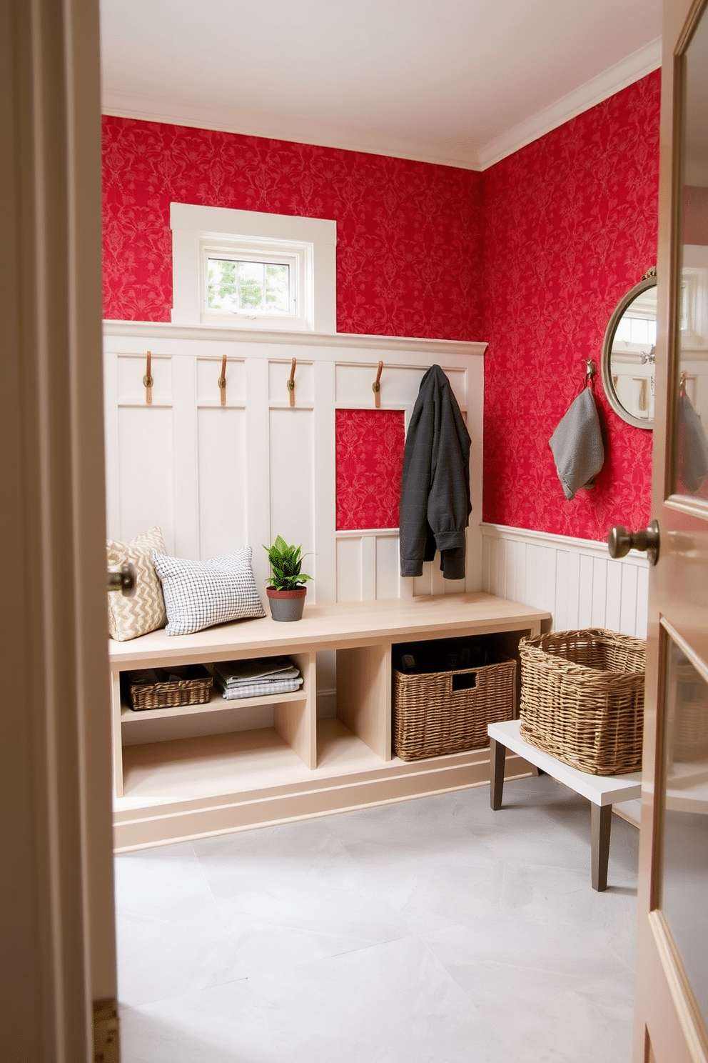 A cozy mudroom featuring red patterned wallpaper that adds a vibrant touch to the space. The decor is neutral, with a light beige bench, wooden hooks for coats, and a woven basket for storage, creating a warm and inviting atmosphere. The flooring is a durable tile in a soft gray tone, complementing the wallpaper beautifully. A small potted plant sits on the bench, adding a hint of greenery to the design.