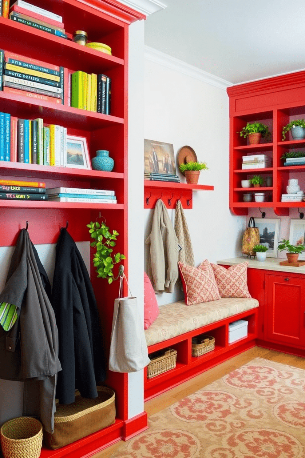 Open shelving in vibrant red tones creates a bold statement in any space. The shelves are filled with a curated selection of colorful books, decorative objects, and potted plants, enhancing the lively atmosphere. The mudroom features a functional layout with built-in benches and hooks for coats and bags. Bright red cabinetry complements the open shelving, while a patterned rug adds warmth and texture to the space.