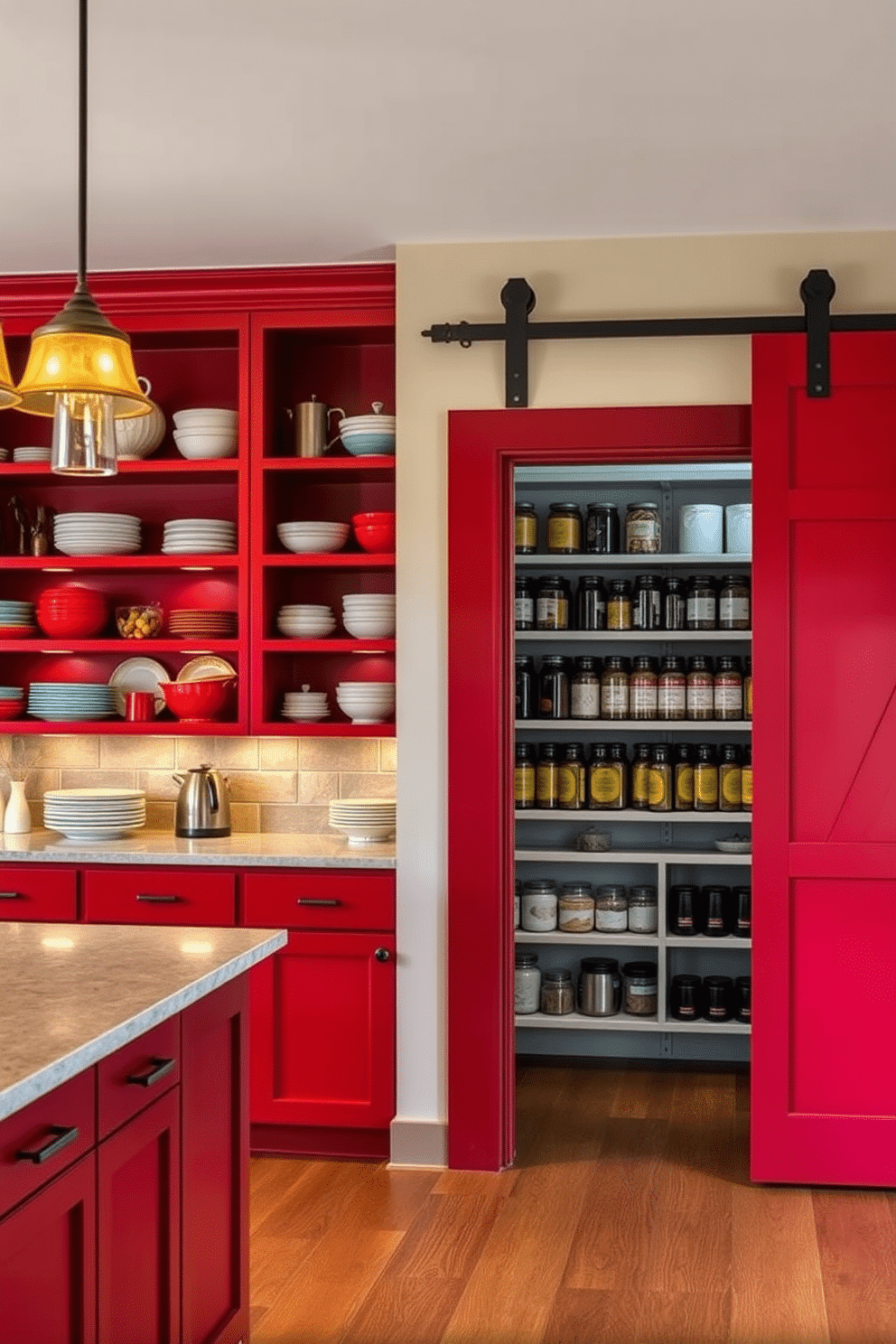 A striking kitchen featuring bold barn red cabinets with open shelves, showcasing an array of rustic kitchenware and vibrant dishware. The space is illuminated by warm pendant lights, creating an inviting atmosphere that highlights the rich color of the cabinets. Adjacent to the kitchen, a cleverly designed pantry with organized shelves, displaying neatly arranged jars and containers. The pantry features a sliding barn door that complements the red cabinets, adding a cohesive and stylish touch to the overall design.