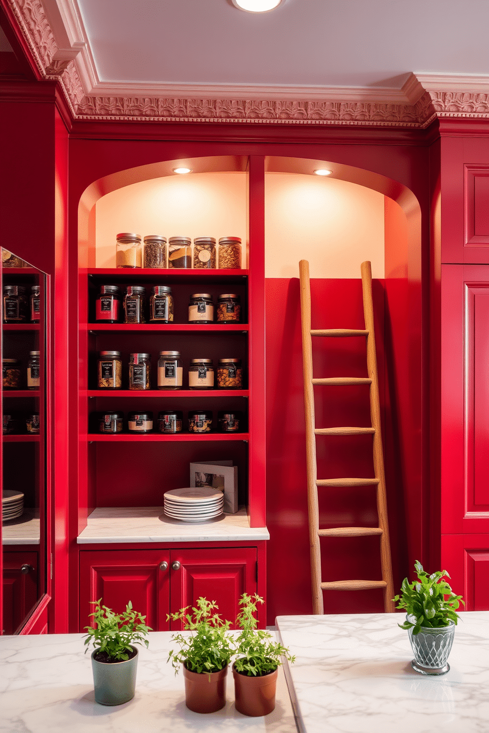 An elegant red pantry featuring intricate crown molding that adds a touch of sophistication. The shelves are lined with artisanal jars and a wooden ladder leans against the wall for easy access to the upper storage. The rich red color creates a warm and inviting atmosphere, complemented by soft, ambient lighting. A marble countertop provides a stylish workspace, adorned with fresh herbs in decorative pots.