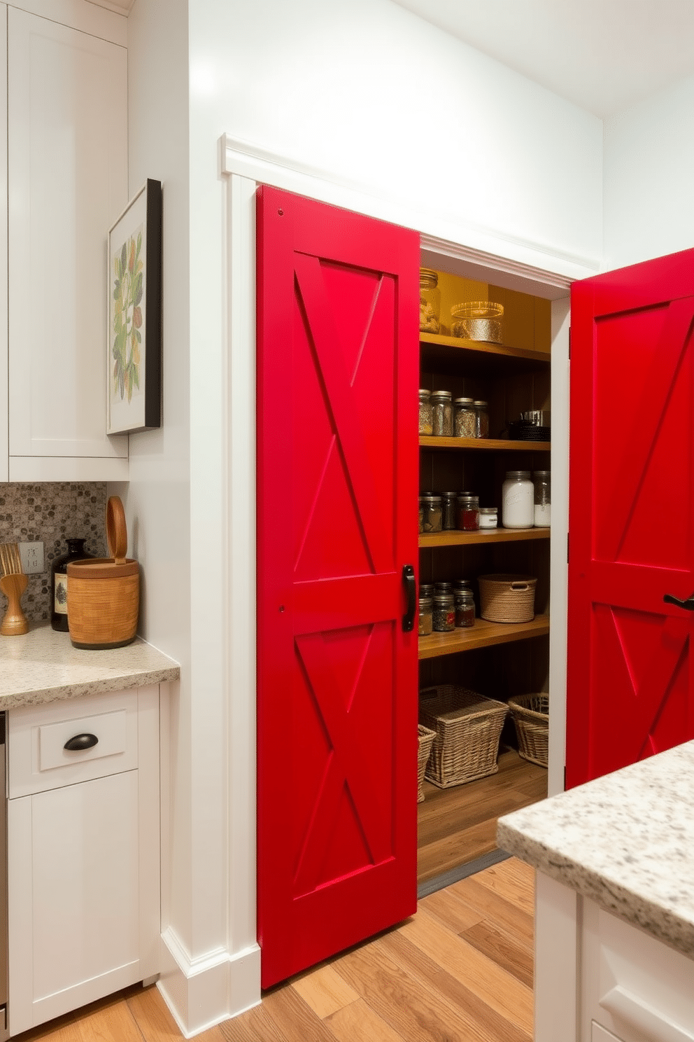 A charming farmhouse-style pantry features vibrant red sliding doors that add a pop of color to the kitchen. Inside, rustic wooden shelves are stocked with neatly organized jars and baskets, showcasing a blend of functionality and aesthetic appeal.