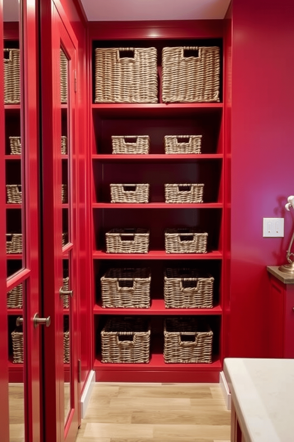 A vibrant red pantry features sleek shelves lined with wicker baskets for organized storage. The walls are painted a bold crimson, creating a warm and inviting atmosphere that enhances the kitchen's overall aesthetic.