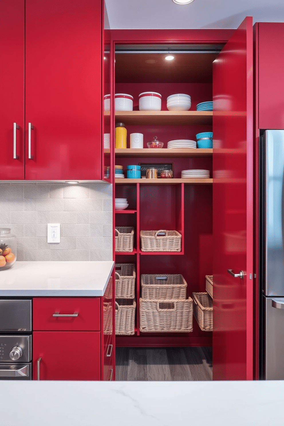 Contemporary red cabinetry with sleek lines creates a bold focal point in the kitchen. The cabinetry features minimalist handles and is complemented by a white quartz countertop and stainless steel appliances. Red pantry design ideas incorporate open shelving that showcases colorful dishware and decorative jars. The pantry's interior is organized with pull-out drawers and baskets, maximizing storage while maintaining a chic aesthetic.