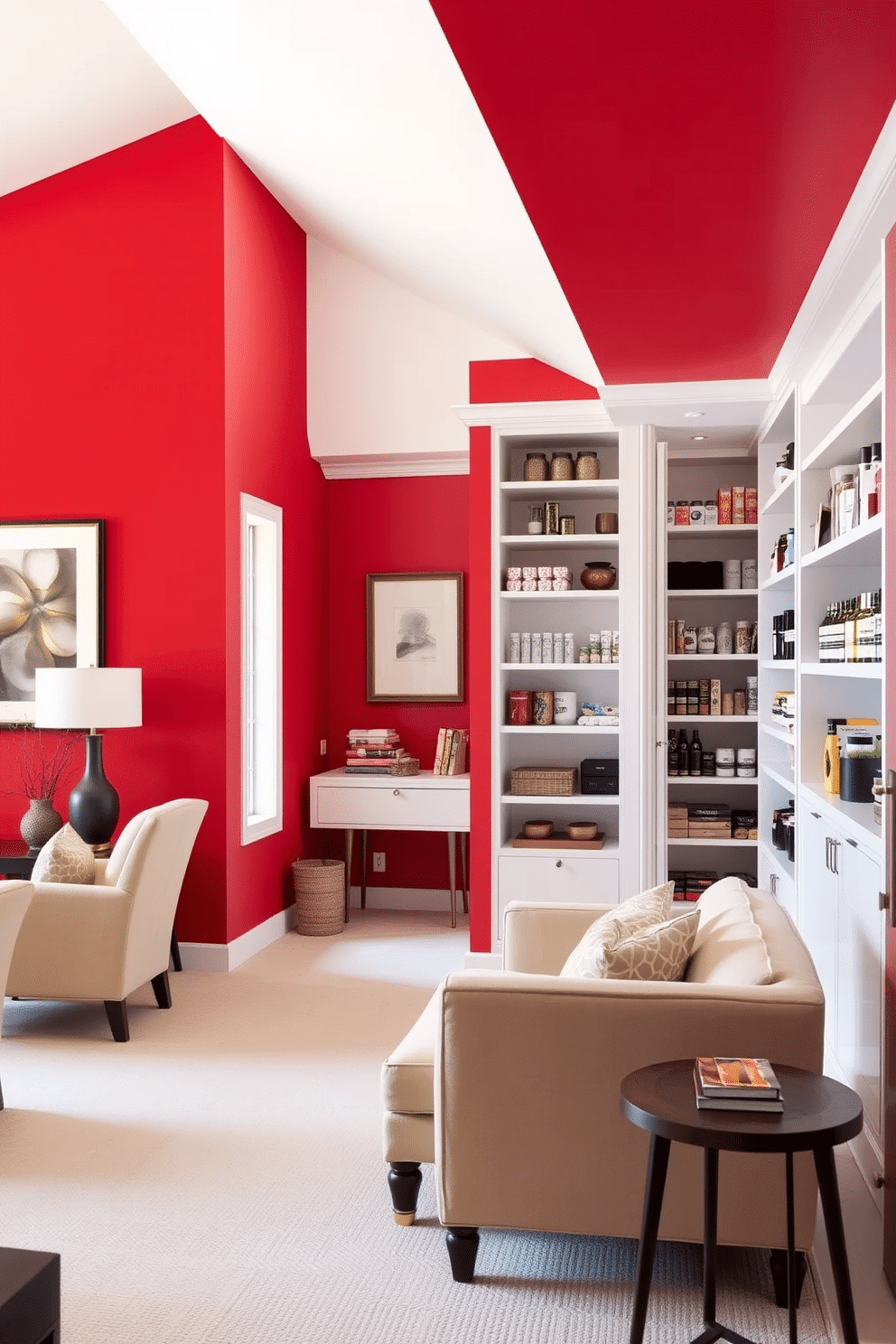 A striking red accent wall serves as the focal point of the room, complementing the neutral decor that surrounds it. Soft beige furnishings and light wood accents create a balanced atmosphere, while decorative elements in muted tones enhance the overall elegance. The pantry is designed with a vibrant red hue on the walls, creating a warm and inviting space. Sleek white shelving and organized storage solutions showcase an array of pantry items, ensuring functionality meets aesthetic appeal.