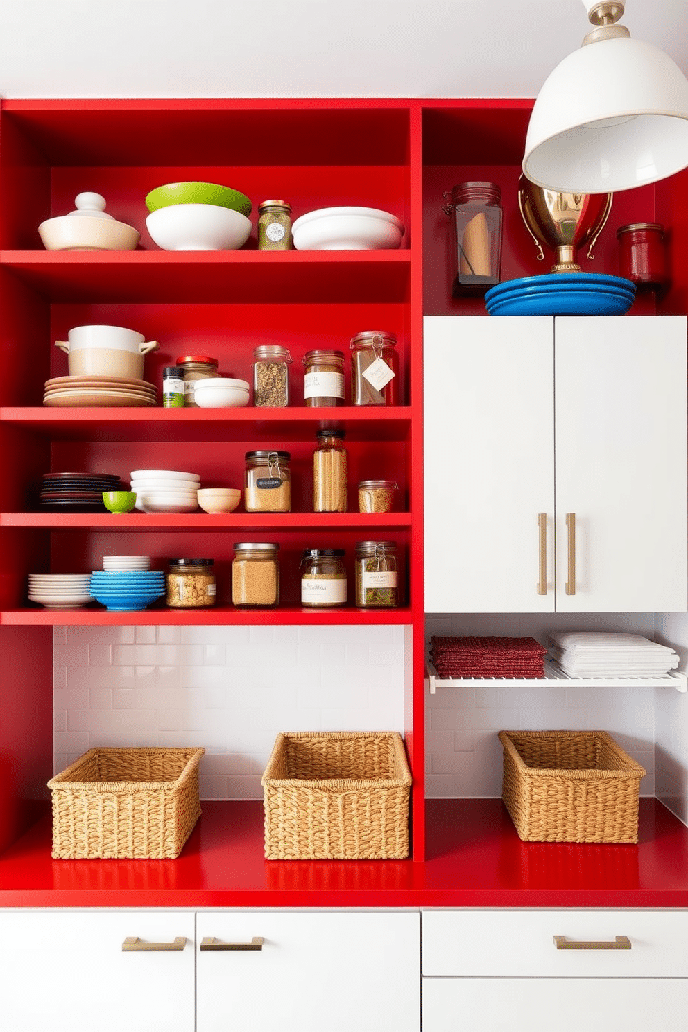 Open shelving in vibrant cherry red creates a bold and energetic focal point in the kitchen. The shelves are filled with colorful dishware and glass jars, showcasing a curated collection of spices and pantry essentials. The pantry design features sleek cabinetry with a contrasting white finish, enhancing the vibrant red shelving. A stylish countertop provides additional workspace, while decorative baskets add texture and organization to the space.