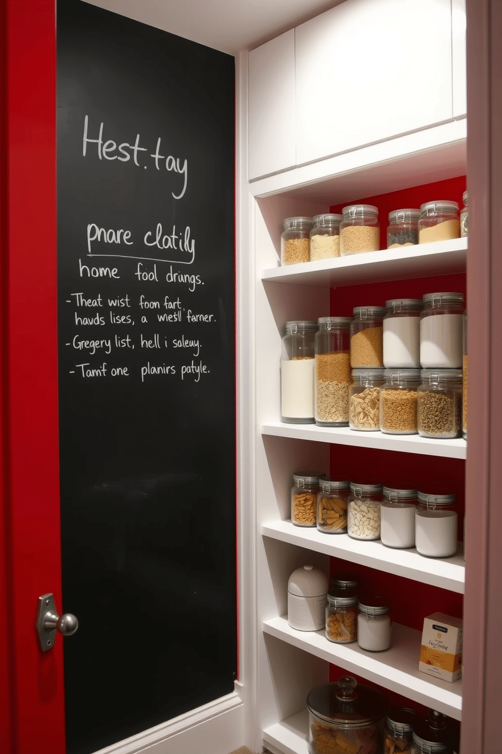 A vibrant red pantry features a chalkboard wall that invites creativity and organization, perfect for jotting down grocery lists and meal ideas. Sleek shelving in a contrasting white displays a variety of jars and containers, adding both functionality and style to the space.