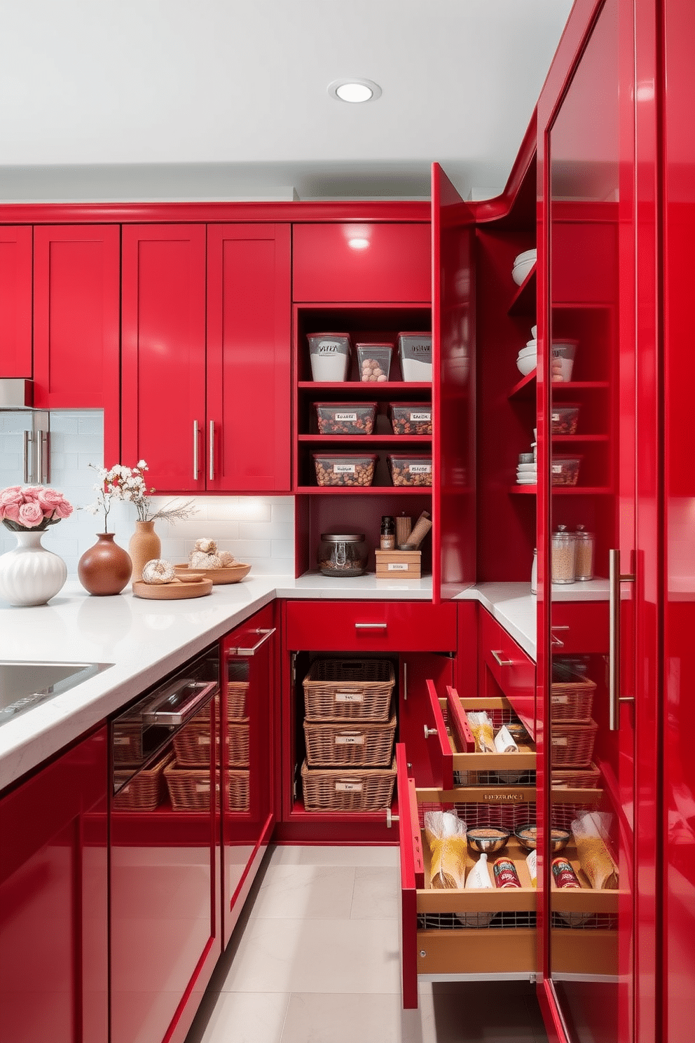 A stylish red pantry features sleek pull-out drawers that maximize storage efficiency. The vibrant red cabinetry contrasts beautifully with the soft, neutral tones of the surrounding kitchen, creating a bold focal point. Inside, the pantry is organized with clear containers and labeled baskets for easy access to ingredients. A small countertop area is included for meal prep, accented by decorative items that enhance the overall aesthetic.