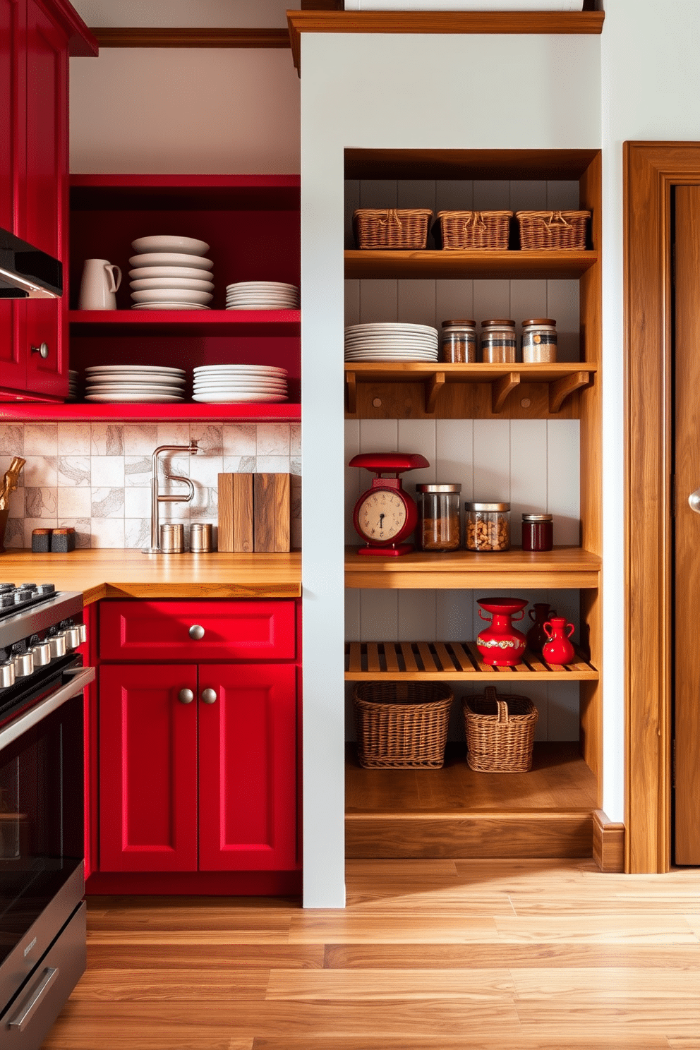 A striking kitchen features classic red cabinets that exude warmth and charm, harmoniously paired with rich wood tones that enhance the overall aesthetic. The cabinetry is complemented by a wooden countertop and open shelving that displays rustic dishware, creating a cozy yet sophisticated atmosphere. The pantry design showcases clever organization with wooden shelves and baskets that maintain the warm wood theme while providing functional storage. Bright red accents in the pantry, such as a vintage-style red scale and decorative jars, add a playful touch to the space, making it both practical and visually appealing.