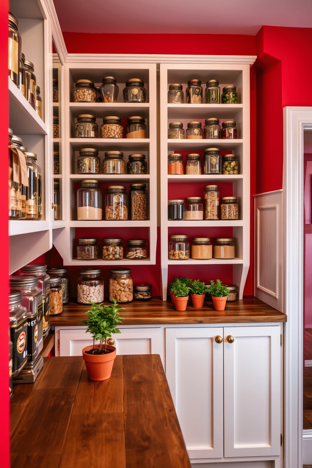 A vibrant red pantry filled with decorative glass jars of various shapes and sizes, arranged neatly on open shelving. The walls are painted a rich crimson, contrasting beautifully with the white cabinetry and brass hardware, creating a warm and inviting atmosphere. The pantry features a rustic wooden countertop that serves as a workspace, adorned with fresh herbs in small terracotta pots. Soft, ambient lighting illuminates the space, highlighting the colorful jars and creating a cozy, organized environment.