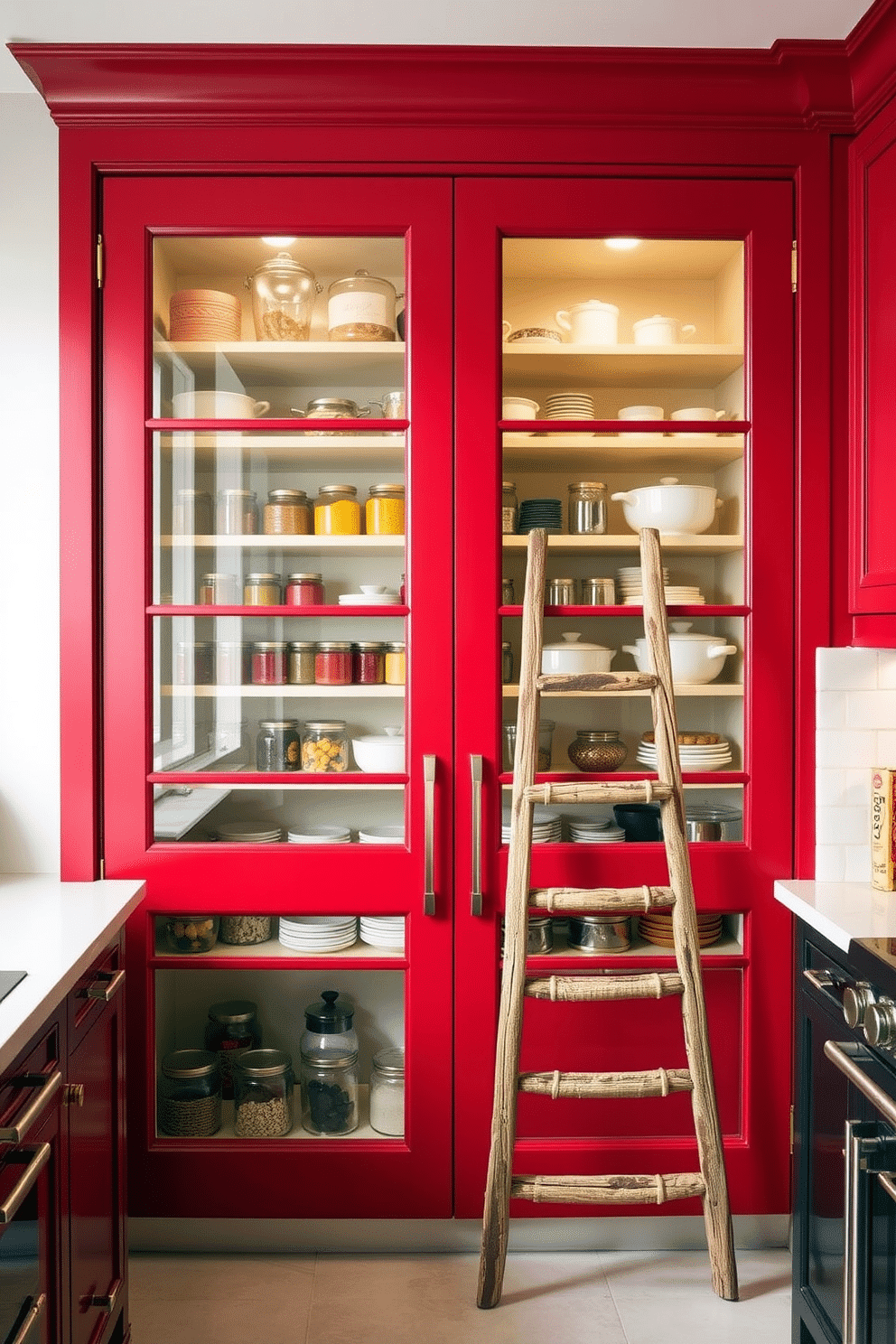 Chic red pantry doors with glass panels create a striking focal point in the kitchen. The vibrant hue is complemented by sleek hardware and soft lighting that enhances the glass's transparency. Inside the pantry, organized shelves display an array of colorful jars and neatly arranged cookware. A rustic wooden ladder leans against the shelves, adding charm and accessibility to the space.