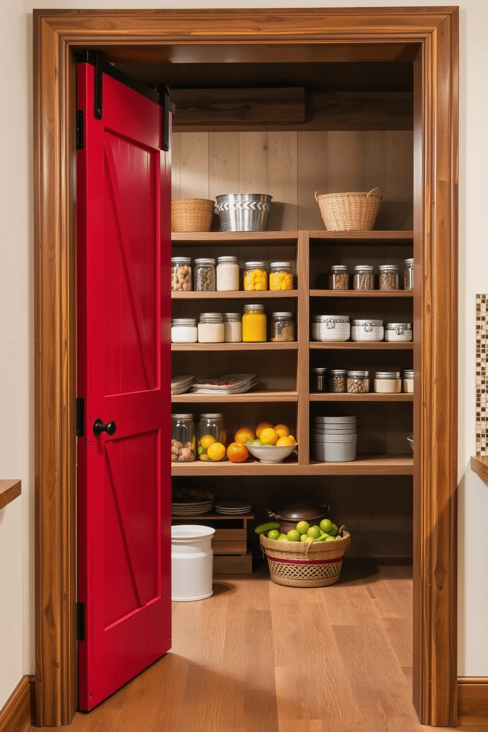 A cozy pantry entrance features rustic red barn doors that add a touch of farmhouse charm. Inside, the pantry is designed with open shelving made of reclaimed wood, showcasing colorful jars and fresh produce.