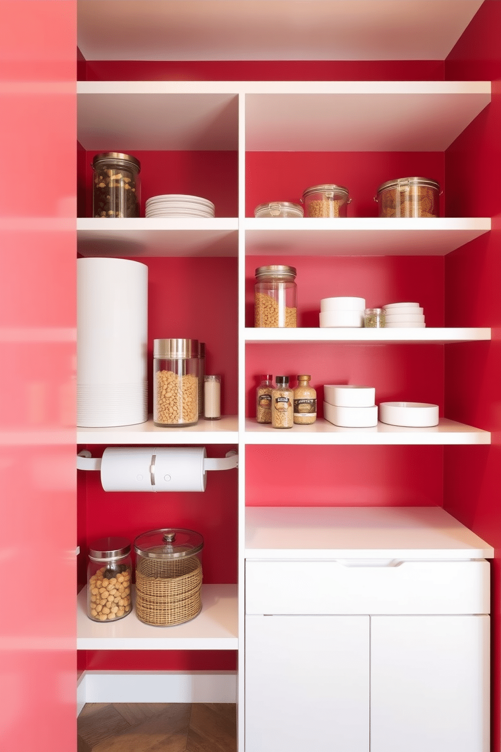 A modern red pantry featuring a minimalist design. The walls are a vibrant red, complemented by sleek white shelving that neatly organizes kitchen essentials.