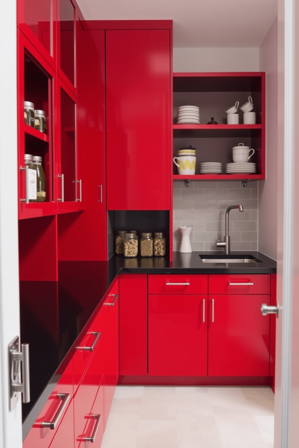 A modern pantry featuring striking red cabinetry that adds a bold touch to the space. The sleek black countertops create a stunning contrast, providing ample workspace for meal prep and organization. The pantry is equipped with open shelving to display stylish jars and kitchenware. A subtle backsplash in a neutral tone enhances the overall aesthetic while maintaining focus on the vibrant cabinetry.