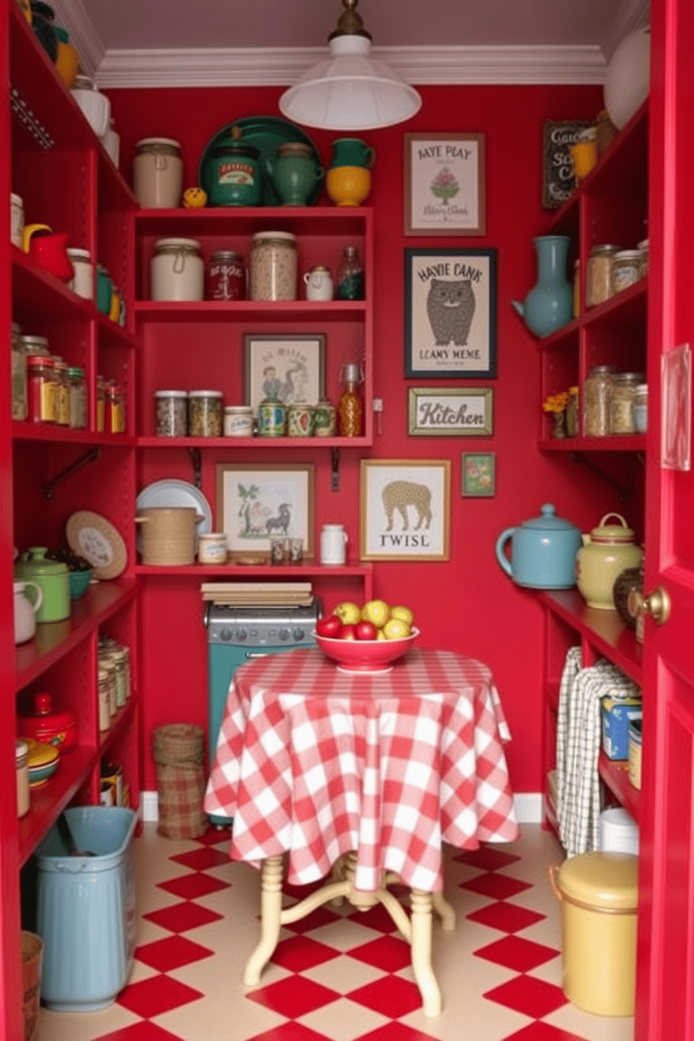 A whimsical red pantry filled with playful decor. Shelves are lined with colorful jars and vintage kitchenware, creating a vibrant and inviting atmosphere. The walls are painted in a cheerful shade of red, adorned with quirky art pieces and whimsical prints. A small, round table in the center is set with a checkered tablecloth and a bowl of fresh fruits, adding to the playful charm.