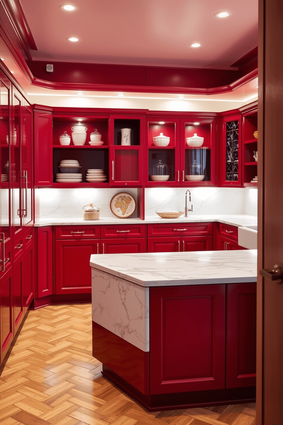 An elegant red pantry features rich red cabinetry with sleek marble accents on the countertops. The space is illuminated by soft under-cabinet lighting, enhancing the luxurious feel of the room. Open shelving displays curated dishware and decorative jars, while a stylish island in the center provides additional storage and workspace. The floor is adorned with a classic herringbone pattern, adding a touch of sophistication to the overall design.