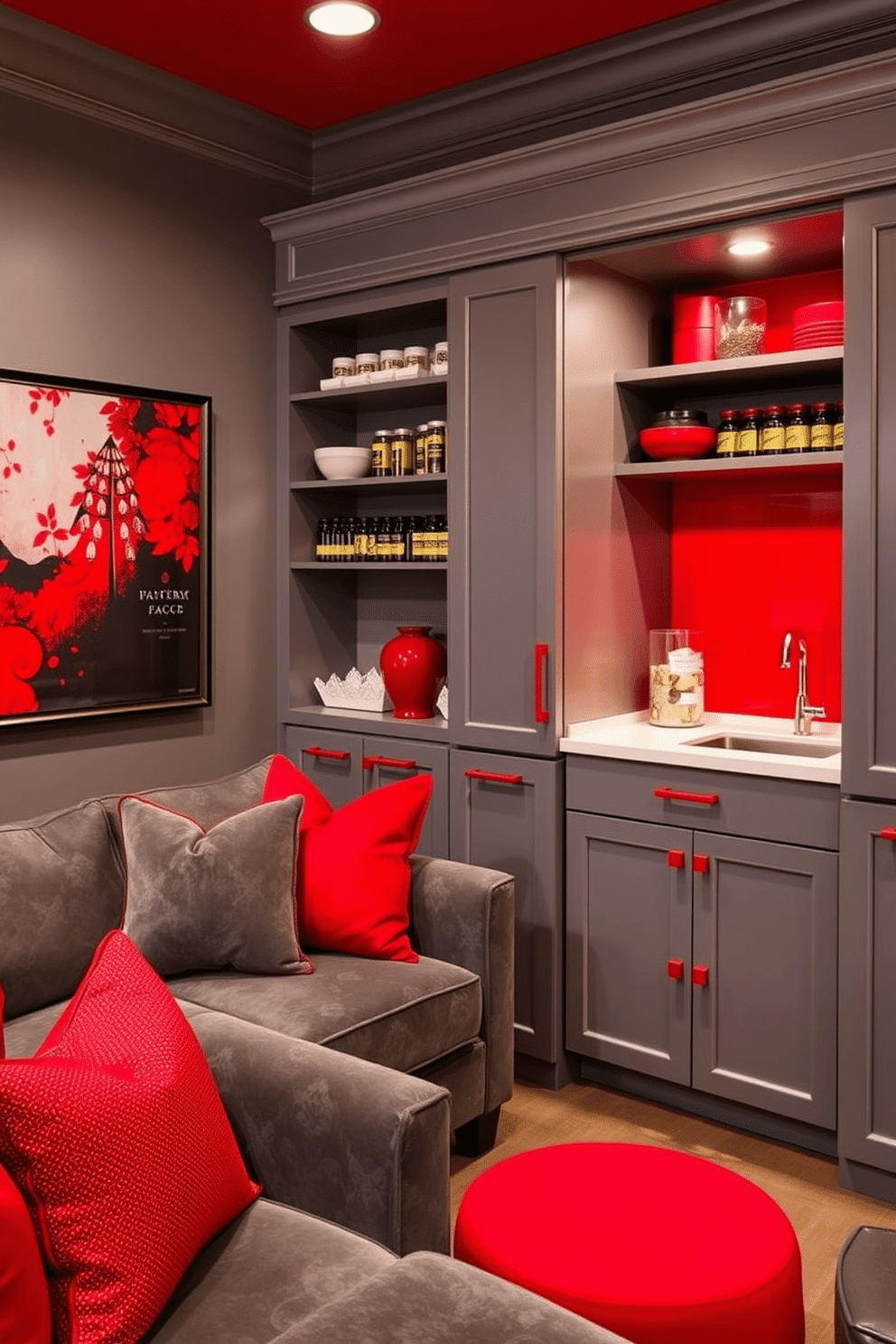 A sophisticated red and gray color scheme envelops the space, with rich red accents contrasting beautifully against elegant gray walls. The room features plush gray upholstery, complemented by red throw pillows and artwork that adds a bold touch. The pantry design showcases sleek gray cabinetry with red hardware, creating a modern yet inviting atmosphere. Open shelving displays neatly arranged jars and spices, while a stylish red backsplash adds a pop of color to the overall design.