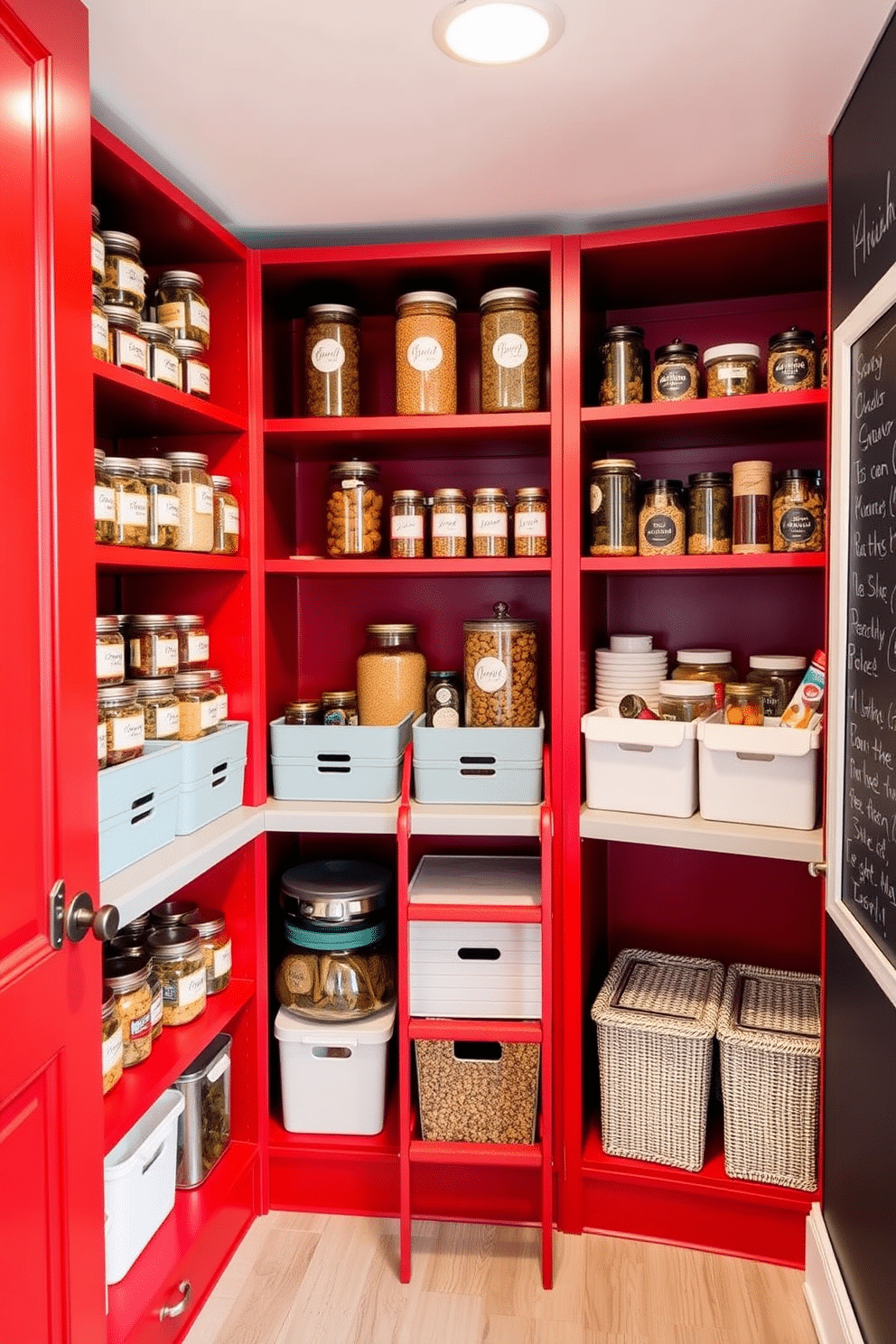 A bright red pantry filled with clever organization solutions. Shelves are neatly arranged with labeled jars and containers, maximizing space while adding a vibrant pop of color. The pantry features a sliding ladder for easy access to upper shelves, enhancing both functionality and style. A chalkboard wall provides a place for grocery lists and meal planning, seamlessly blending practicality with design.