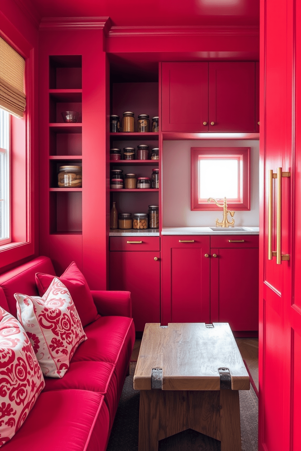 Cozy red nook with seating area. The space features a plush, deep red sofa adorned with patterned throw pillows, complemented by a rustic wooden coffee table. Red pantry design ideas. The pantry showcases sleek red cabinetry with brass hardware, organized shelves filled with colorful jars, and a small window allowing natural light to illuminate the space.