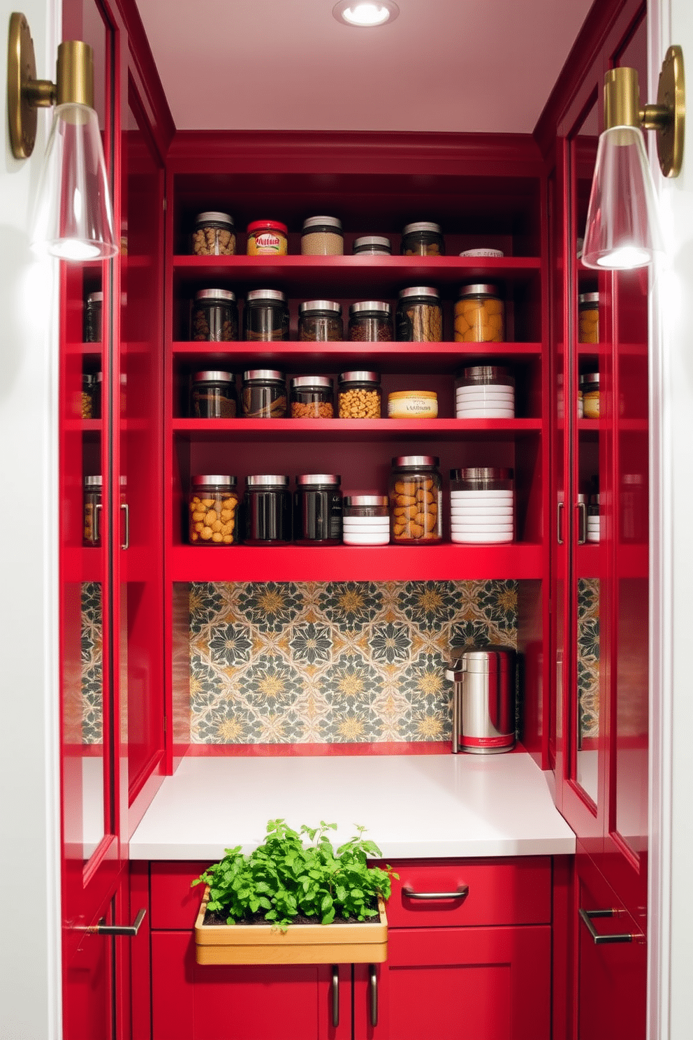 A vibrant red pantry showcases a stunning decorative tile backsplash that adds a touch of artistry to the space. The shelves are filled with neatly organized jars and containers, creating a visually appealing and functional storage area. The pantry features a sleek countertop for meal prep, complemented by stylish lighting fixtures that illuminate the rich red cabinetry. A small herb garden sits on the countertop, bringing a fresh, natural element to the design.