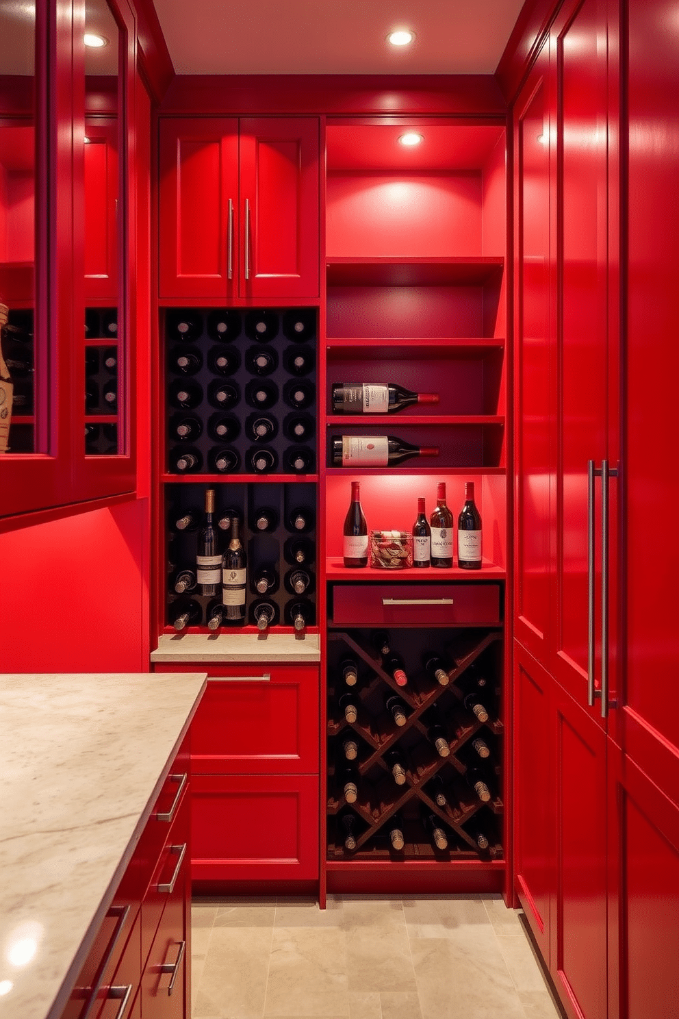 A stunning pantry design featuring bold red cabinetry that commands attention. The cabinetry includes a built-in wine rack, elegantly showcasing a selection of fine wines against a backdrop of sleek, modern shelving. The pantry is illuminated by warm, ambient lighting that highlights the rich color of the cabinetry. A contrasting countertop in a light stone finish provides a functional workspace, completing this vibrant and stylish design.