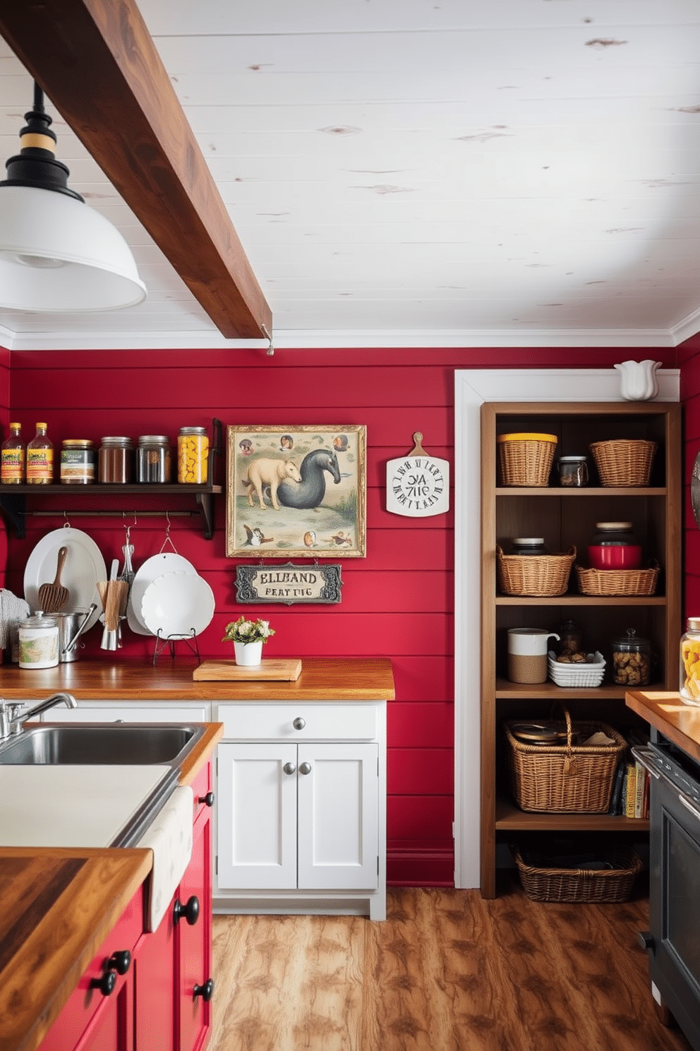 A cozy kitchen featuring rustic red shiplap walls that exude warmth and charm. The space includes a vintage-style pantry with open shelving, showcasing an array of colorful jars and baskets for a homely touch.