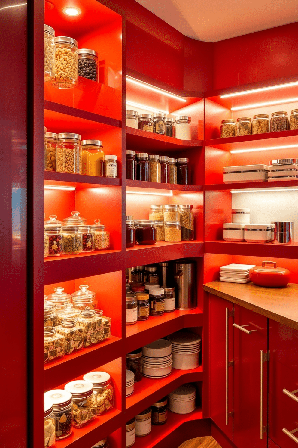 A vibrant red pantry featuring layered lighting that creates a warm and inviting ambiance. The shelves are filled with an array of colorful jars and containers, complemented by sleek metal accents and wooden details.